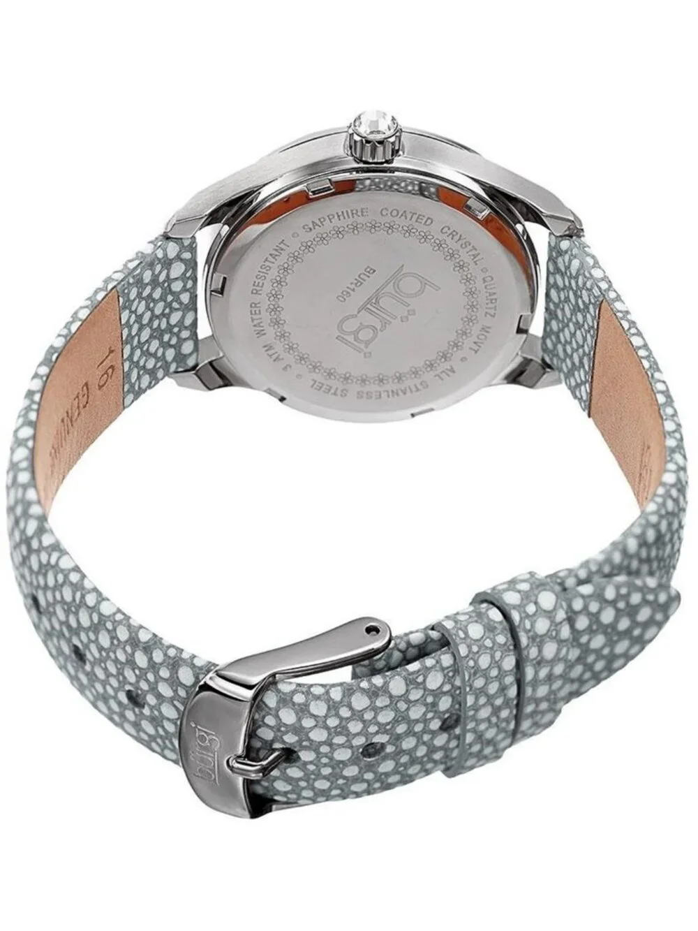 NWT Burgi Mother Of Pearl Dial Ladies Grey Polka Dot Watch